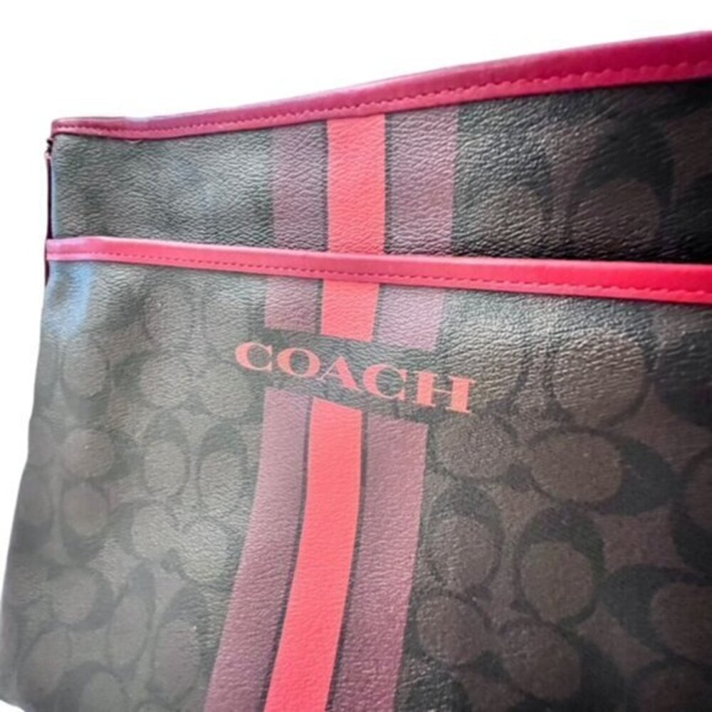 🎉SALE🎉 COACH Signature Varsity Stripe Crossbody Bag Brown Red‎ PVC - Picture 5 of 16